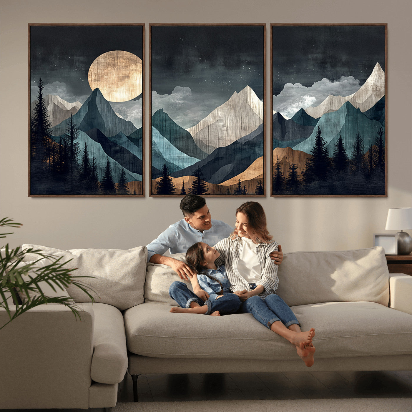 11060882-MGV-CV-36X24-Moonlit Mountain Wall Art Canvas Print – Silhouetted Pines Layered Peaks Tranquil Sky Mist Silver Light Nature Artwork for Home