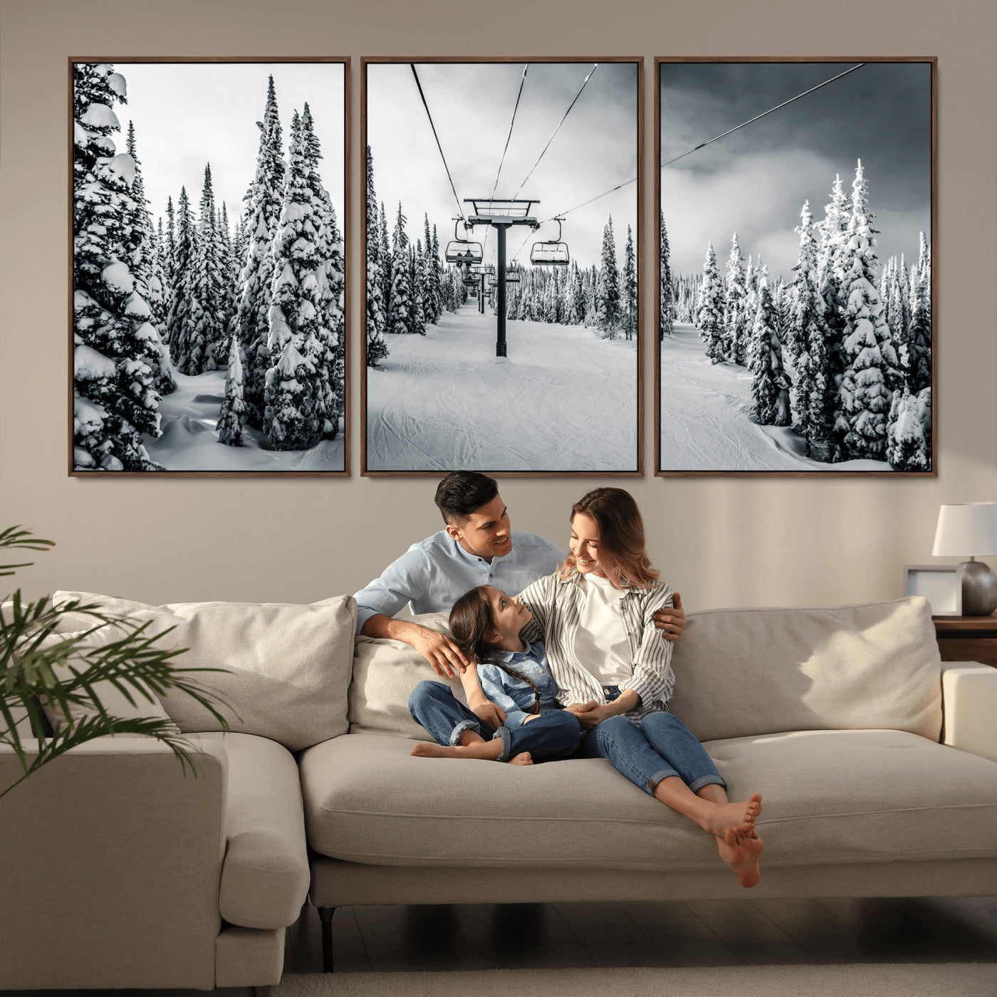31156828-MGV-CV-36X24-Snowy Pines Wall Art Canvas Print – Framed Ski Lift Winter Forest Snowy Landscape Moody Lodge Artwork for Home, Office