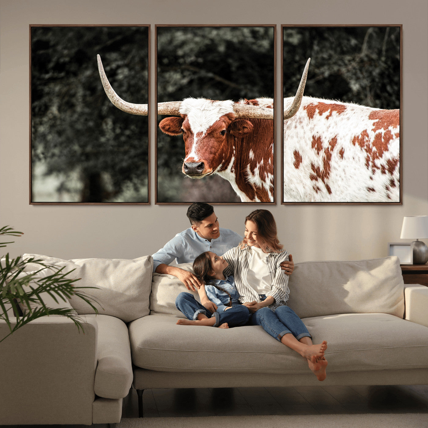 -Texas Longhorn Wall Art Canvas Print, Framed Spotted Cow Art Picture Print, Horned Bull Perfect Rustic Western Decor Artwork