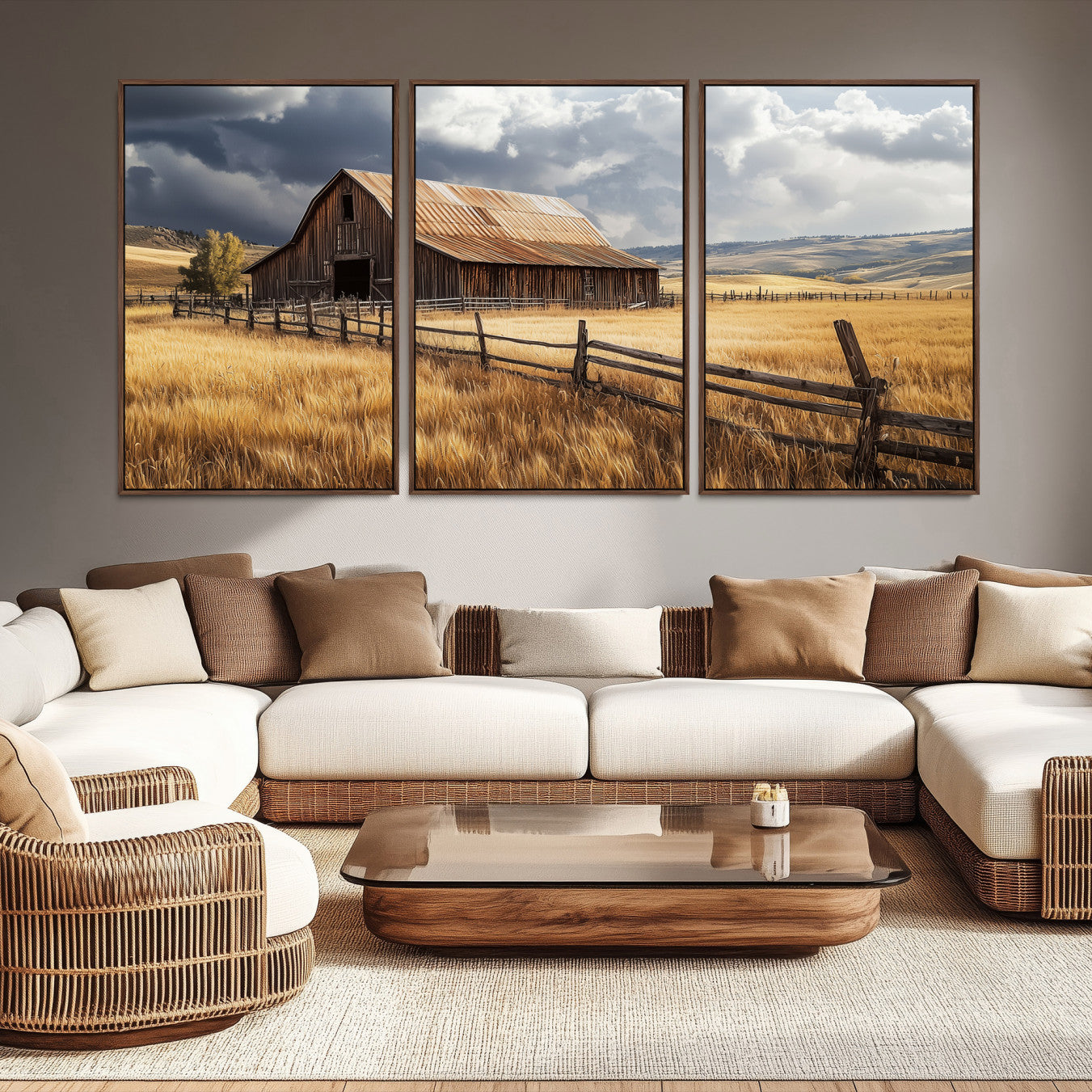 38758826-MGV-CV-36X24-Rustic Barn Wall Art Canvas Print – Framed Moody Barn Golden Field Countryside Farmhouse Landscape Artwork for Home Office