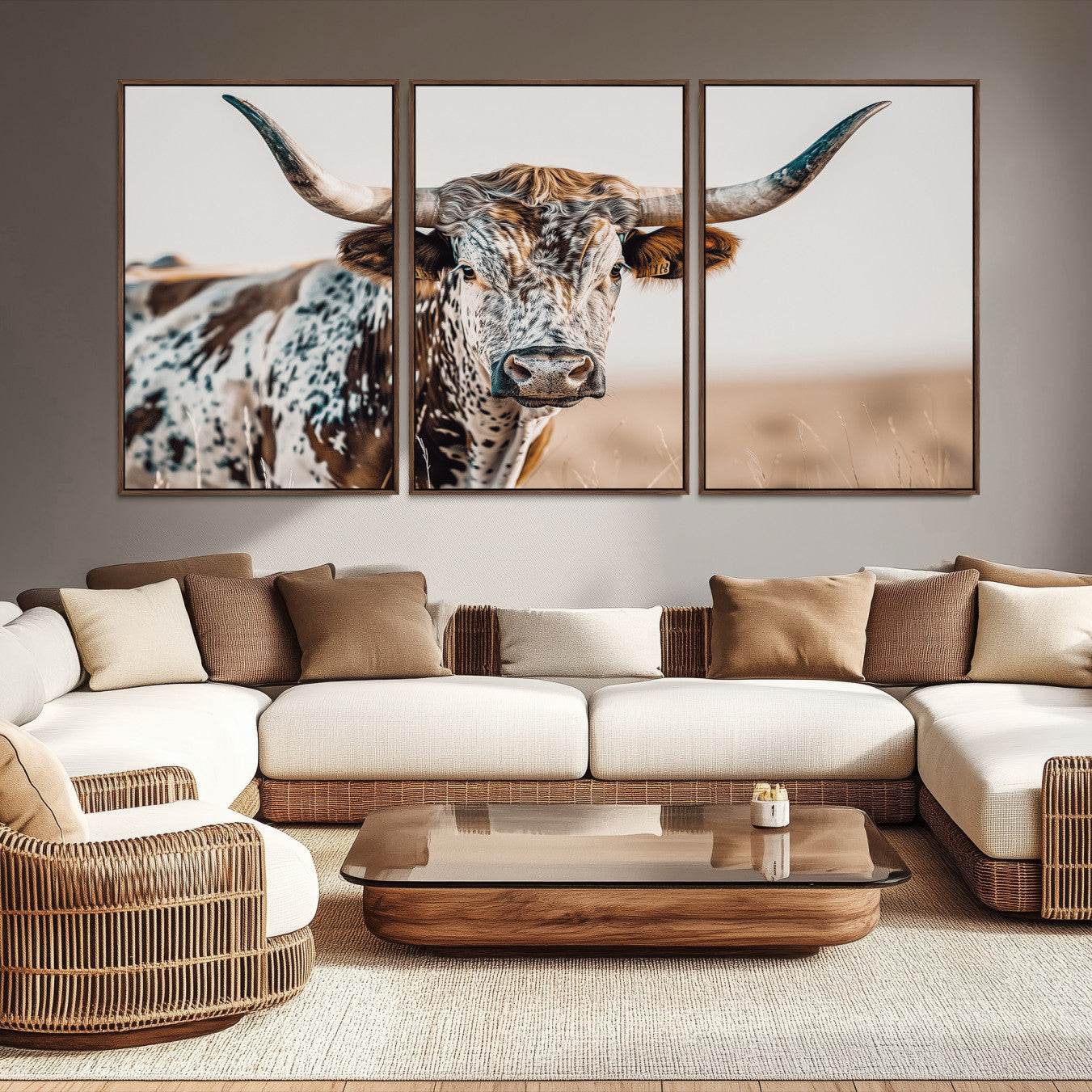 Canvas of a speckled Texas longhorn with wide curved horns and warm tones, perfect for rustic or country-style wall decor.