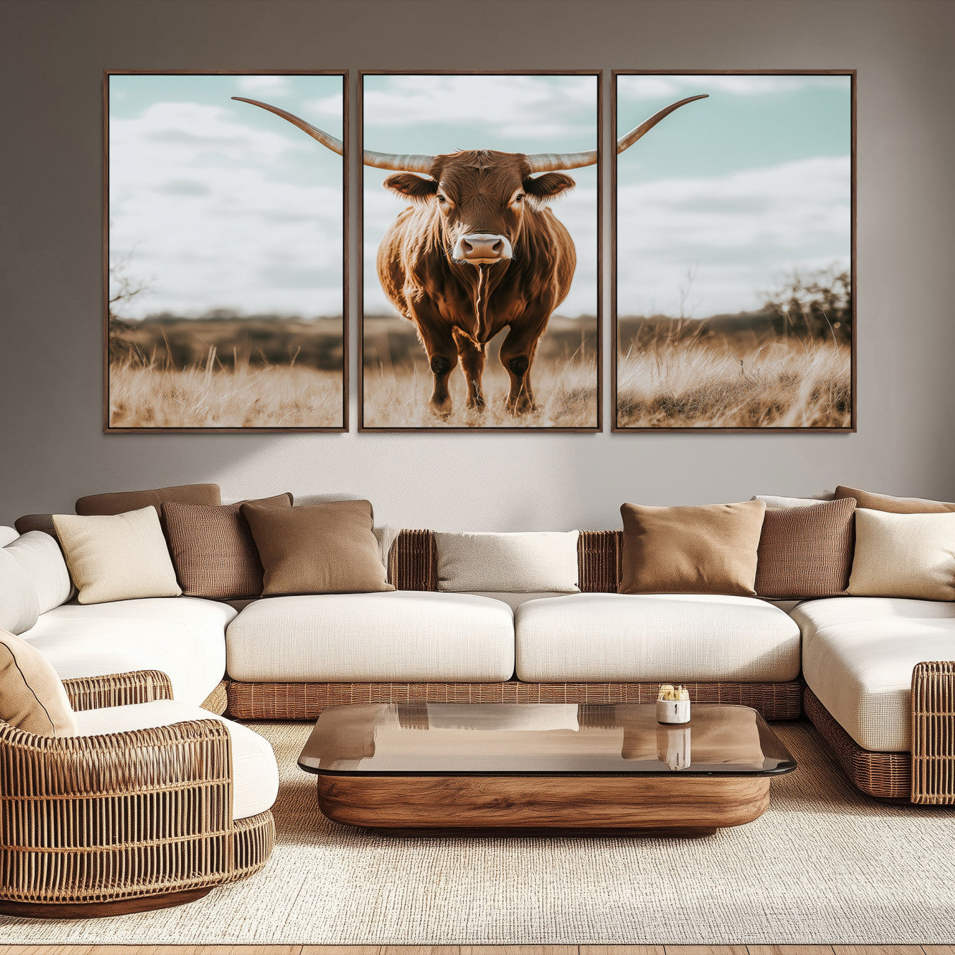 Texas Longhorn standing in a golden prairie under soft skies, ideal for rustic or western-style decor with warm natural tones.