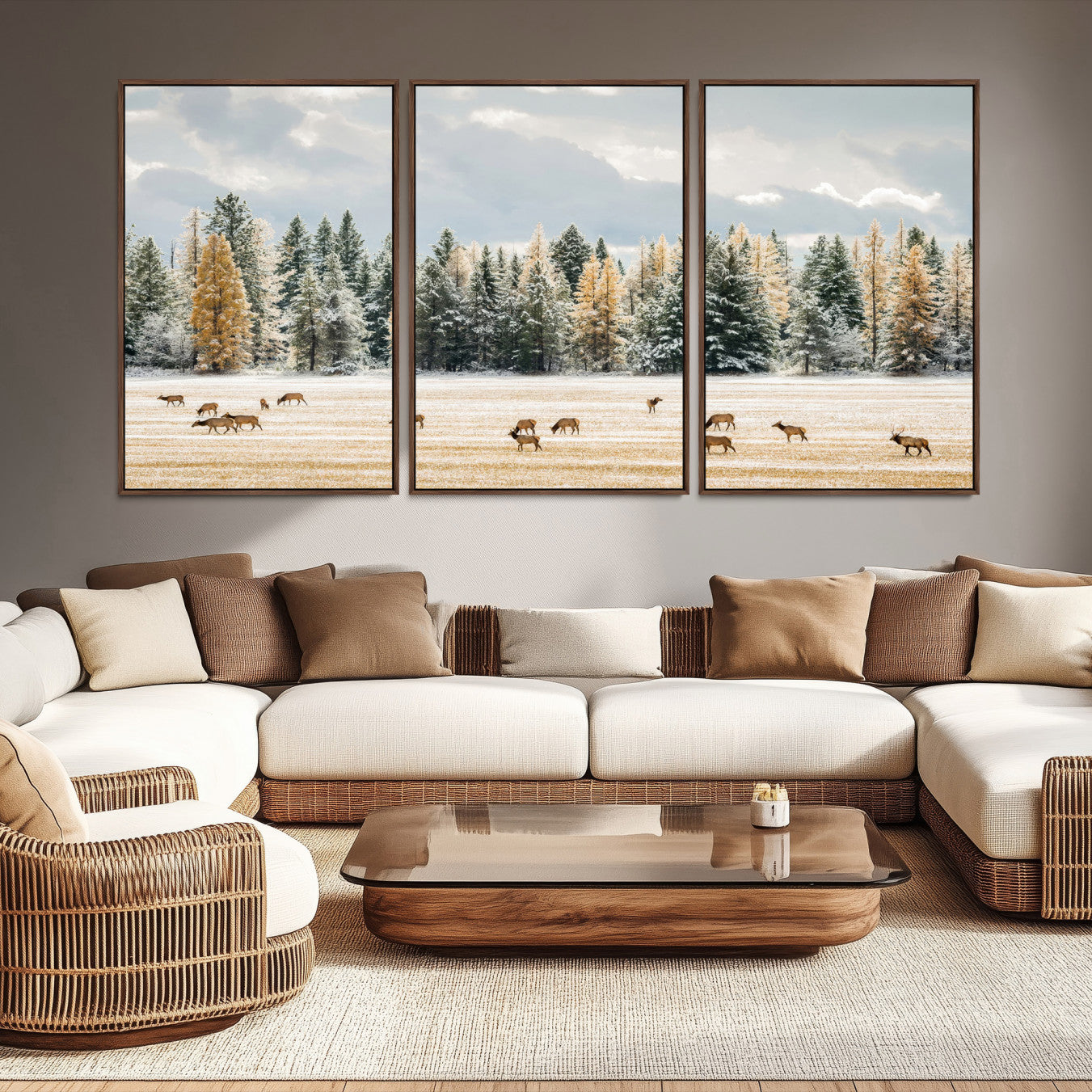 Elk herd in a snowy field with golden pine trees and frosted evergreens, ideal for neutral rustic or cabin-style home decor.
