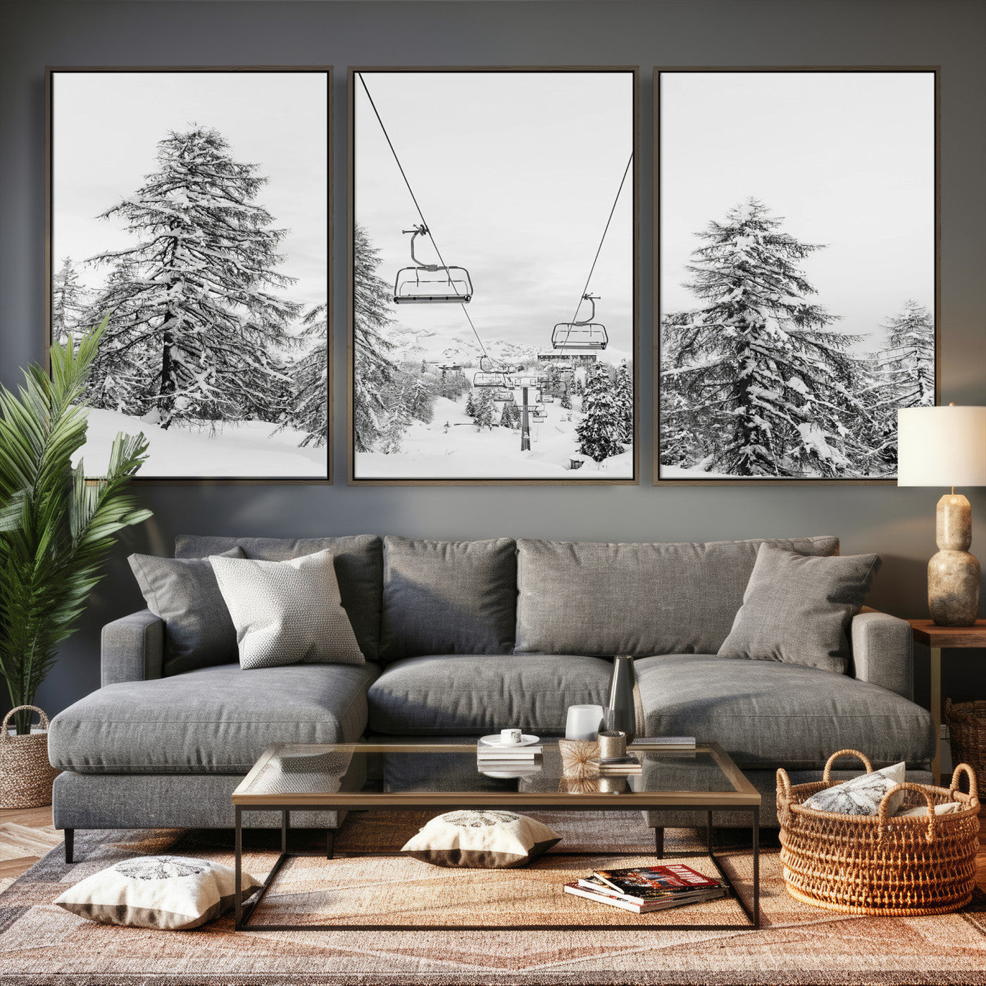55003599-MGV-CV-36X24 - Snowy Ski Lift Wall Art – Framed Winter Forest Canvas Artwork, Peaceful Mountain Design, Modern Nature Decor for Home, Office