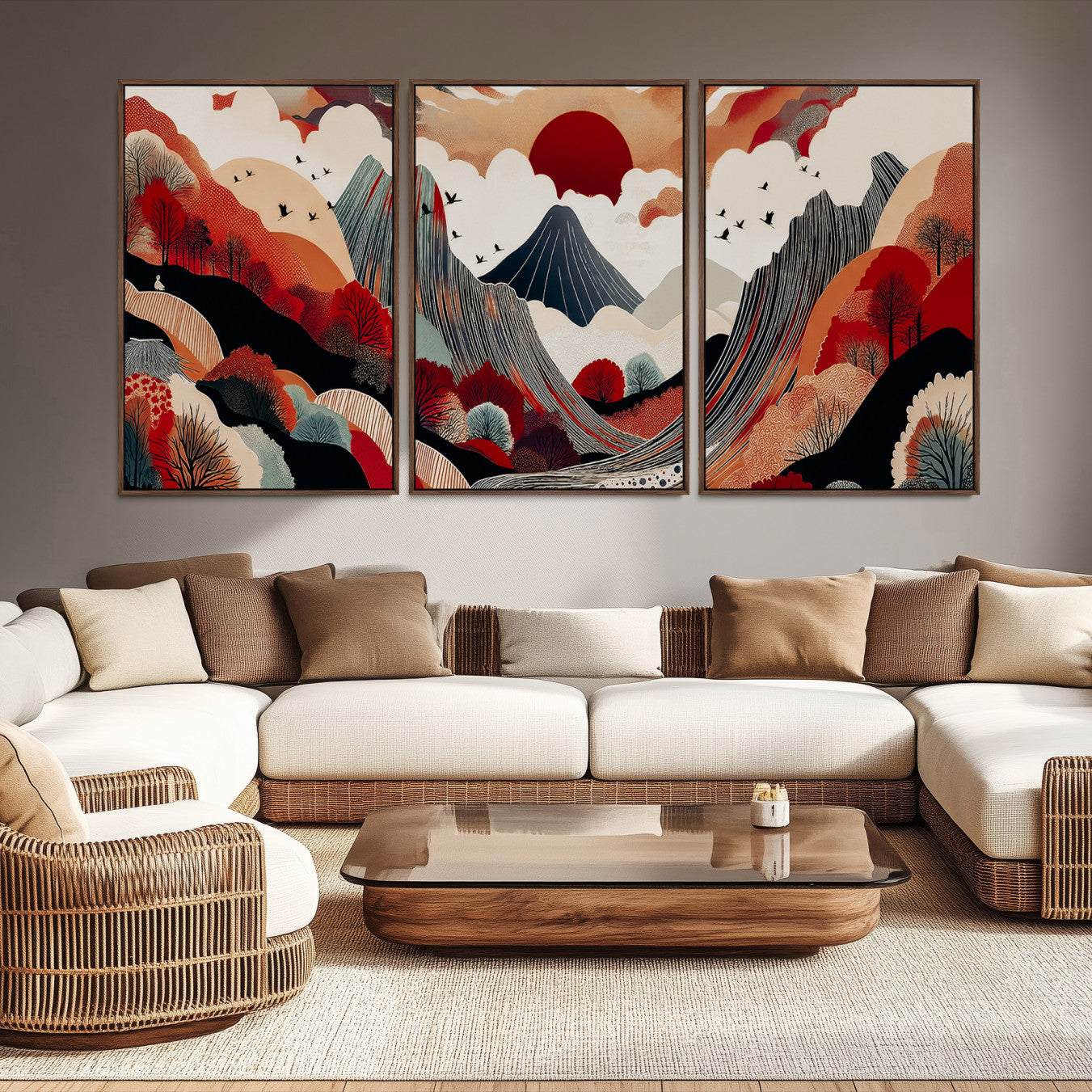 Abstract nature illustration with a red sun, mountains, and vibrant landscapes in graphic style, perfect for contemporary minimalist home decor. Ideal for modern spaces.