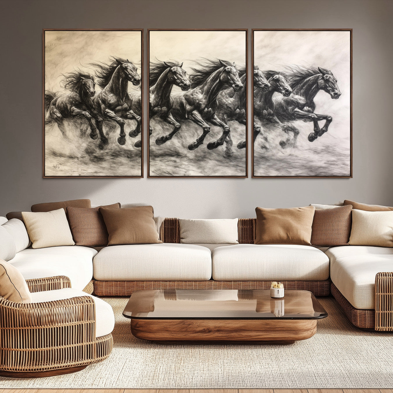 -Galloping Horses Wall Art Canvas Print, Framed Wild Stallions Art Picture Print, Horse Herd Sketch