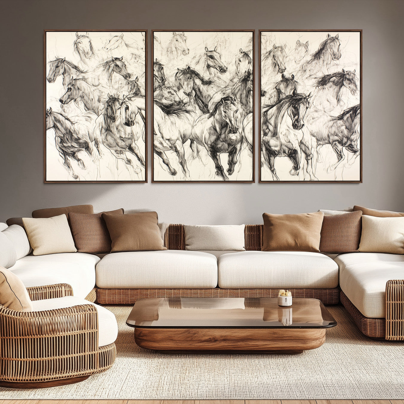 19433417-MGV-CV-36X24-Running Horses Wall Art Canvas Print – Framed Galloping Herd Dynamic Equestrian Sketch Nature Artwork for Home Office