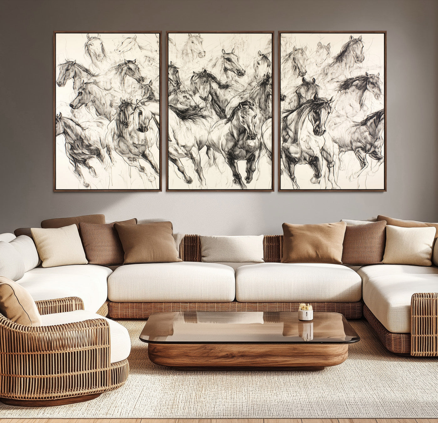 19433417-MGV-CV-36X24-Running Horses Wall Art Canvas Print – Framed Galloping Herd Dynamic Equestrian Sketch Nature Artwork for Home Office