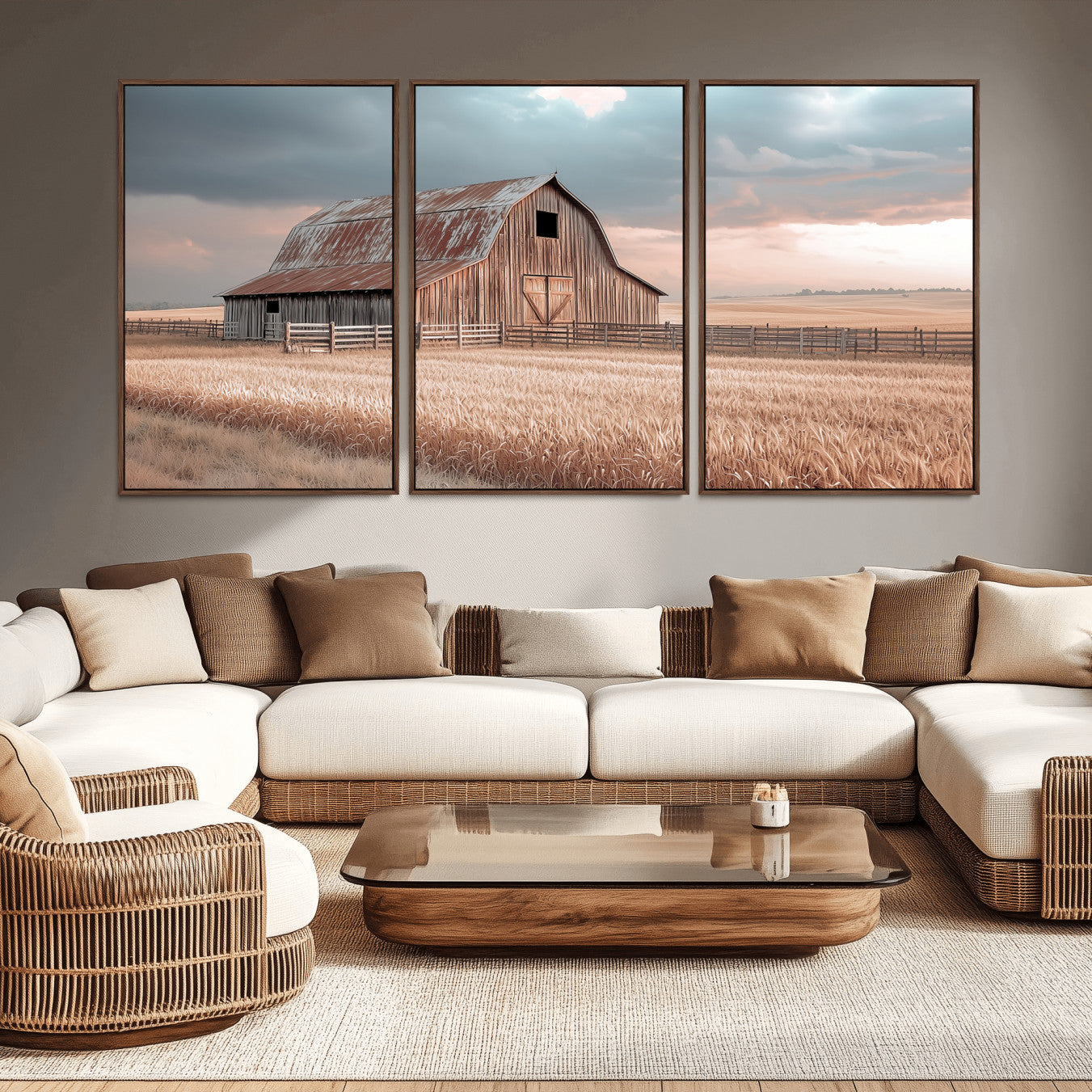 36878364-MGV-CV-48X32-3P-Rustic Barn Wall Art Canvas Print, Framed Wheat Field Art Picture Print, Sunset Barn Perfect Vintage Farmhouse Decor Artwork