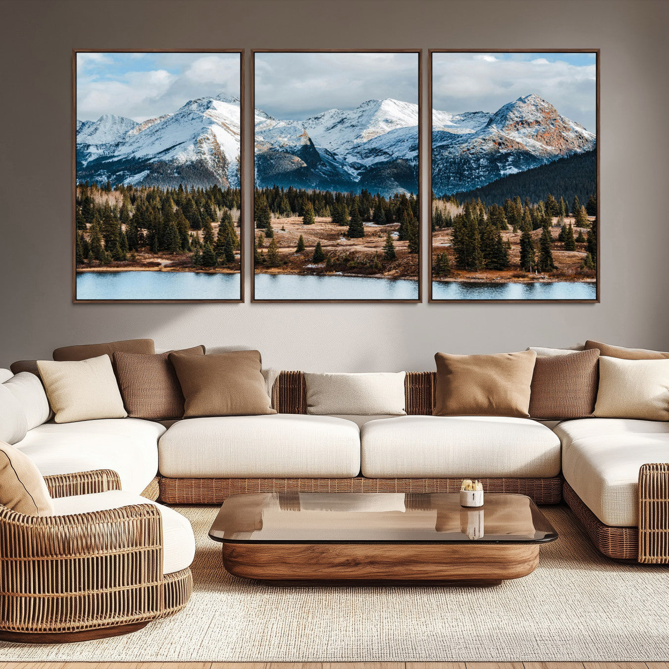 -Snowy Peaks Wall Art Canvas Print, Framed Alpine Lake Art Picture Print, Pine Forest Perfect Alpine
