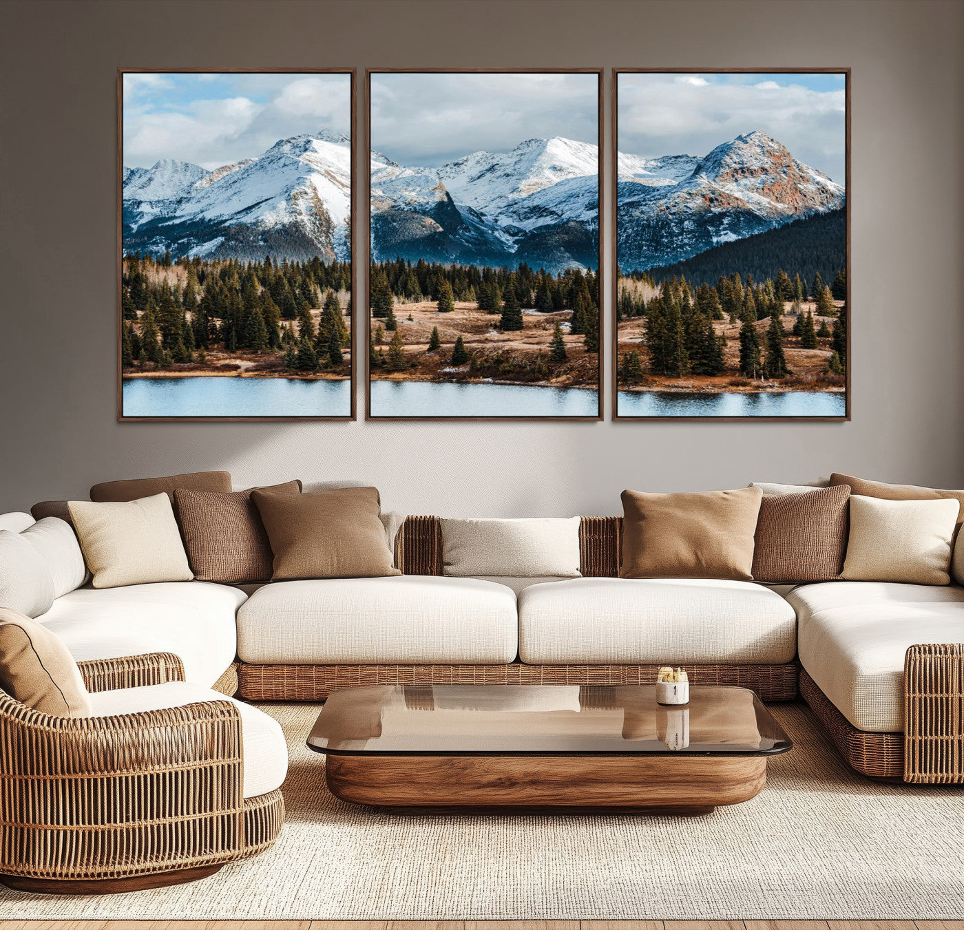 -Snowy Peaks Wall Art Canvas Print, Framed Alpine Lake Art Picture Print, Pine Forest Perfect Alpine