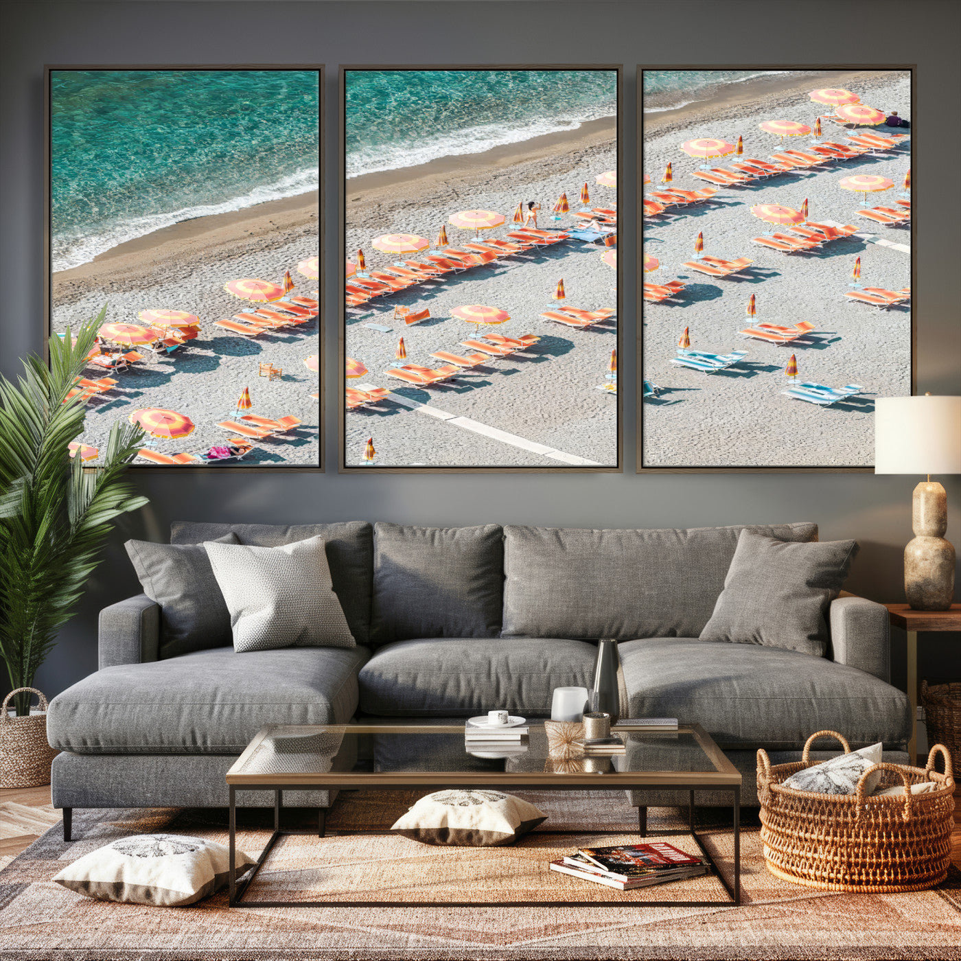 27805351-MGV-CV-36X24 - Beach Umbrellas Wall Art – Orange Loungers & Turquoise Water Canvas Print, Sandy Shore and Summer Vibes