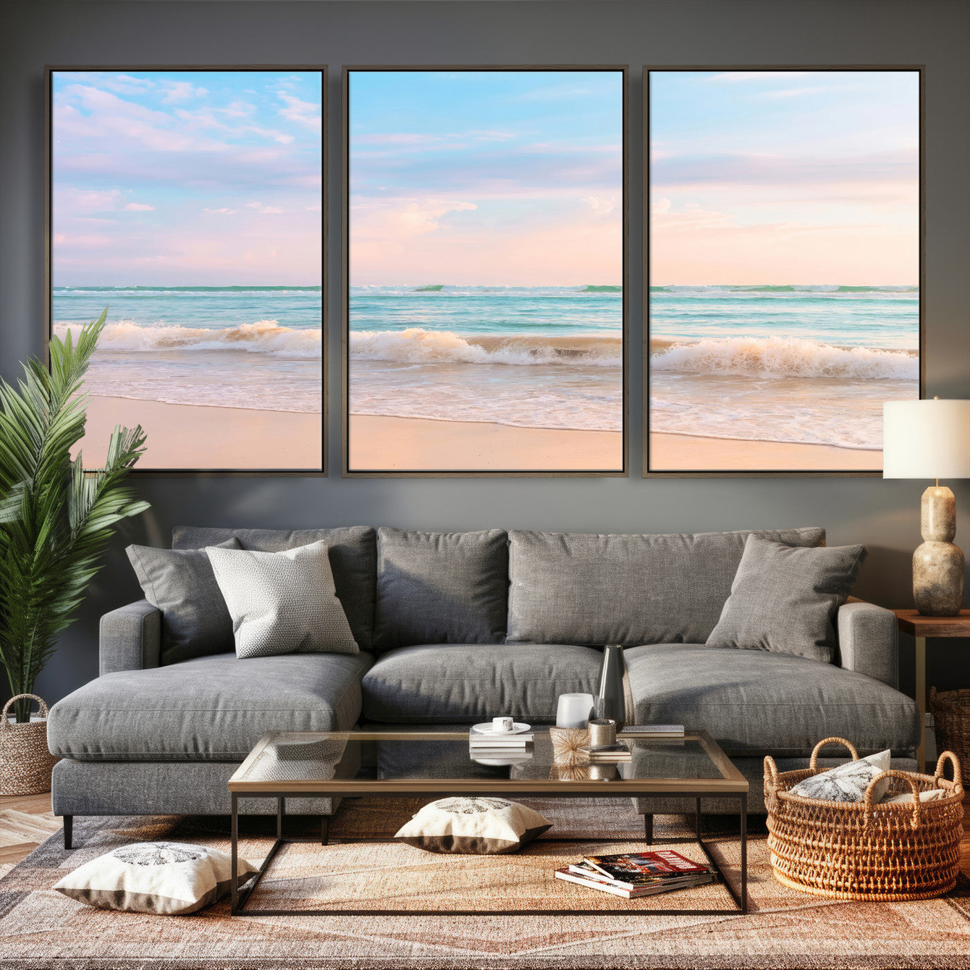 74679437-MGV-CV-36X24 - Serene Waves Wall Art – Golden Shore & Soft Pastel Sky Canvas Print, Gentle Ocean and Peaceful Sunset for Living Room or Office