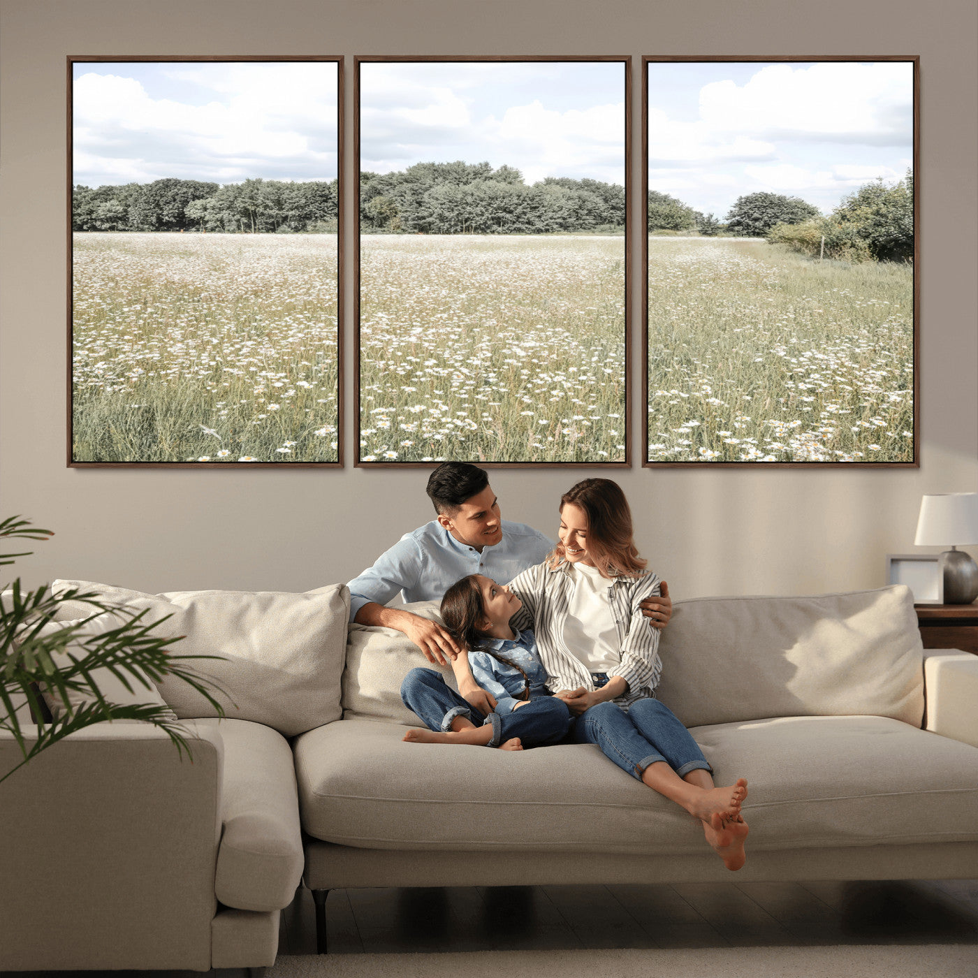 43258946-MGV-CV-36X24-Charming Daisy Field Wall Art Canvas Print – Framed Pastel Flower Meadow Bloom Scandinavian Minimal Artwork for Home Office