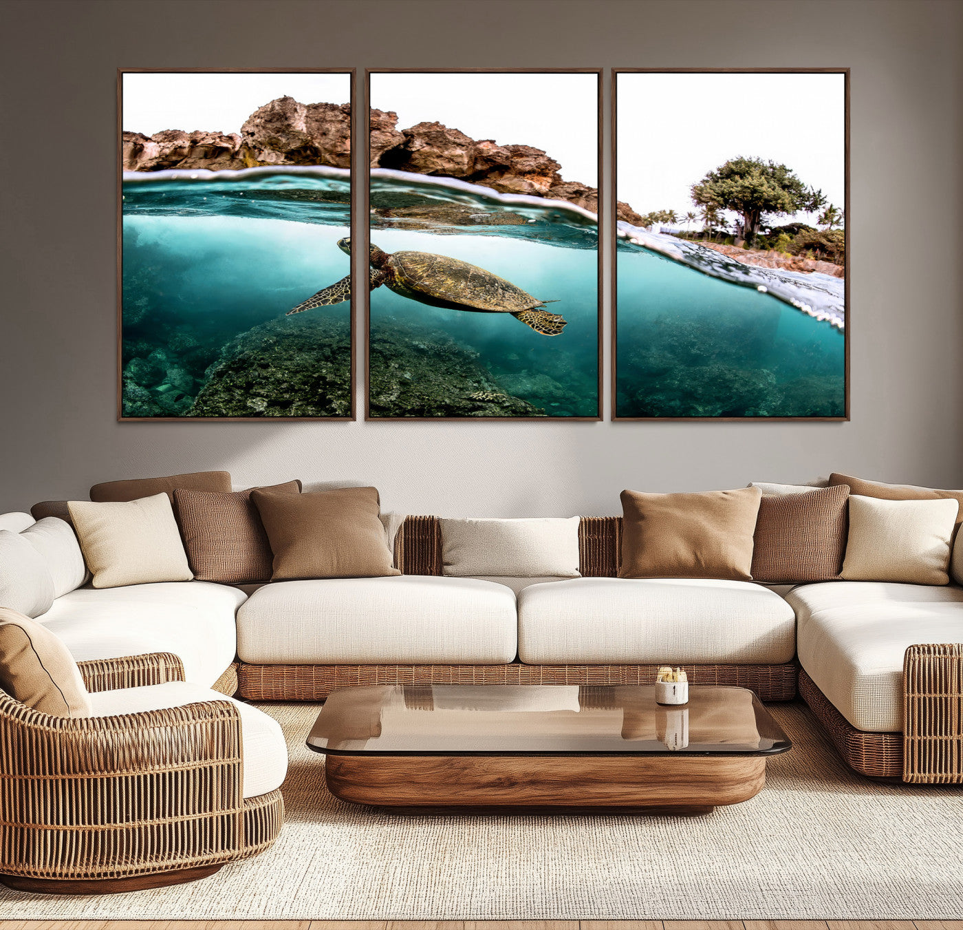 -Sea Turtle Wall Art Canvas Print, Framed Ocean Life Art Picture Print, Tropical Perfect Coastal