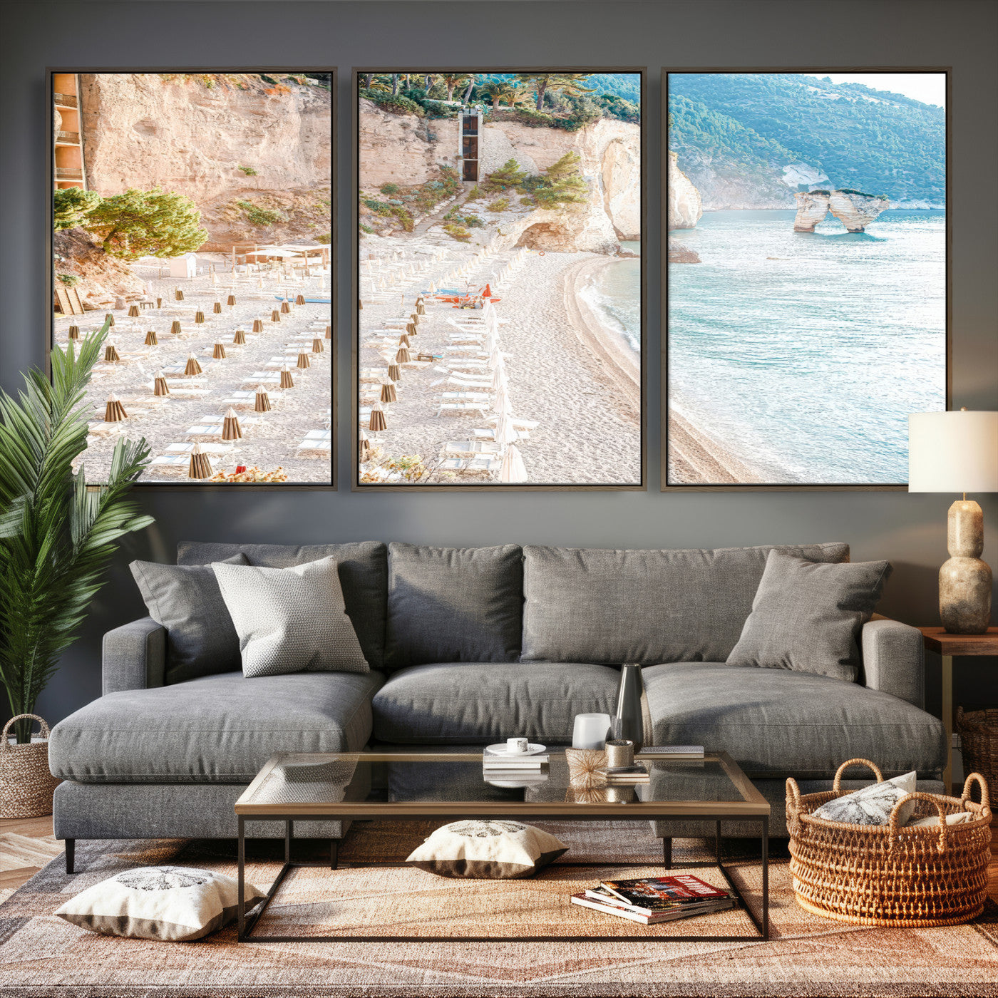 84816639-MGV-CV-36X24 - Sunny Beach Wall Art – Chairs & Umbrellas Canvas Print, Clear Water, Rocky Cliffs, Coastal Calm for Living Room or Vacation Home Decor