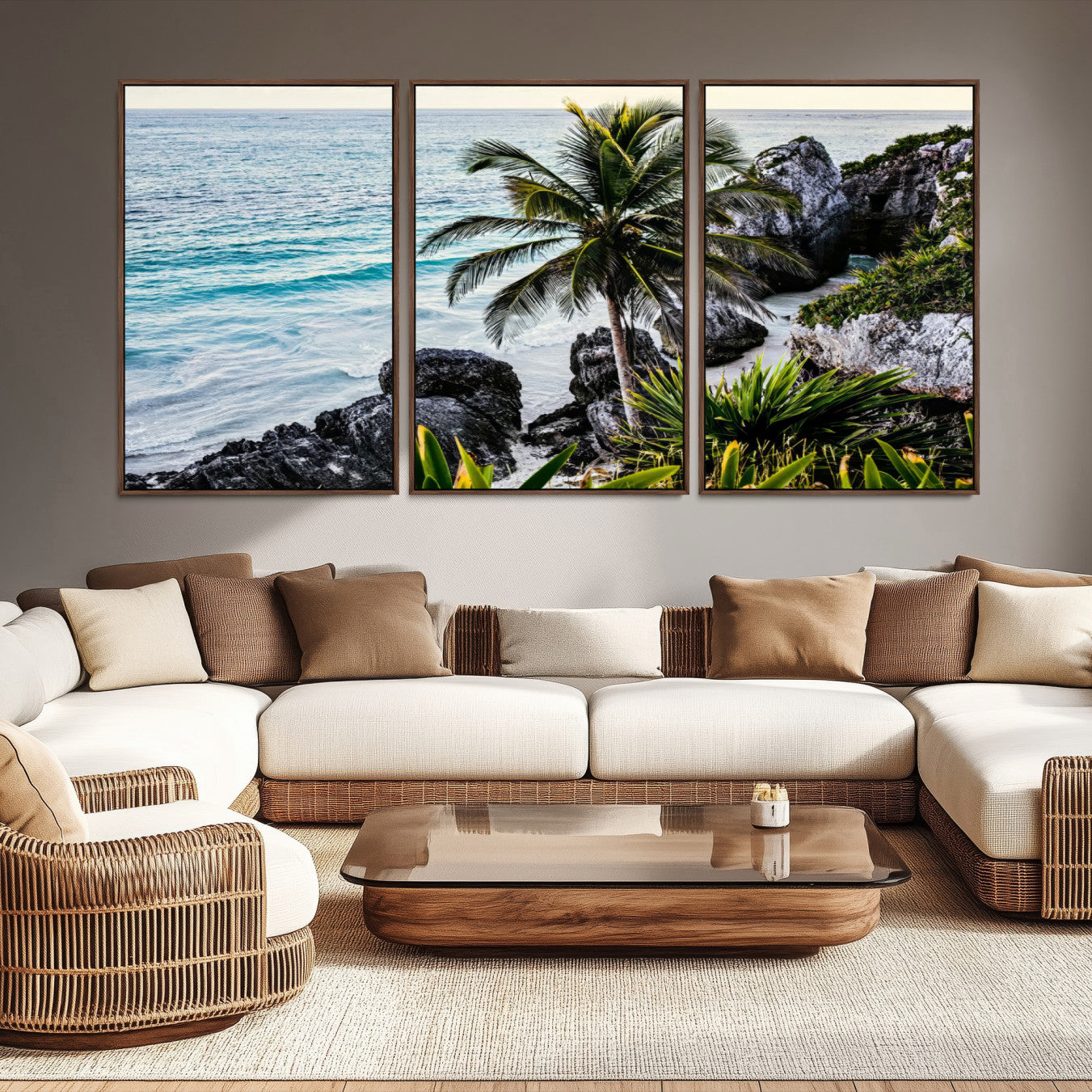 94669907-MGV-CV-36X24-Tropical Coastline Wall Art Canvas Print – Framed Palm Tree and Rocky Beach Scene Artwork for Home, Office Decor