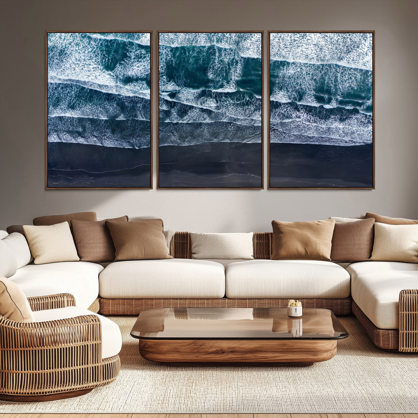 87941475-MGV-CV-36X24-Black Beach Wall Art Canvas Print – Framed Aerial Ocean View Moody Coastal Seascape Nature Artwork for Home Office