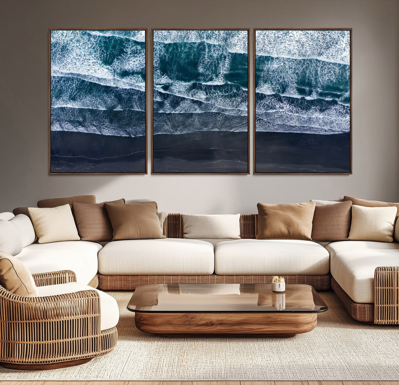 87941475-MGV-CV-36X24-Black Beach Wall Art Canvas Print – Framed Aerial Ocean View Moody Coastal Seascape Nature Artwork for Home Office