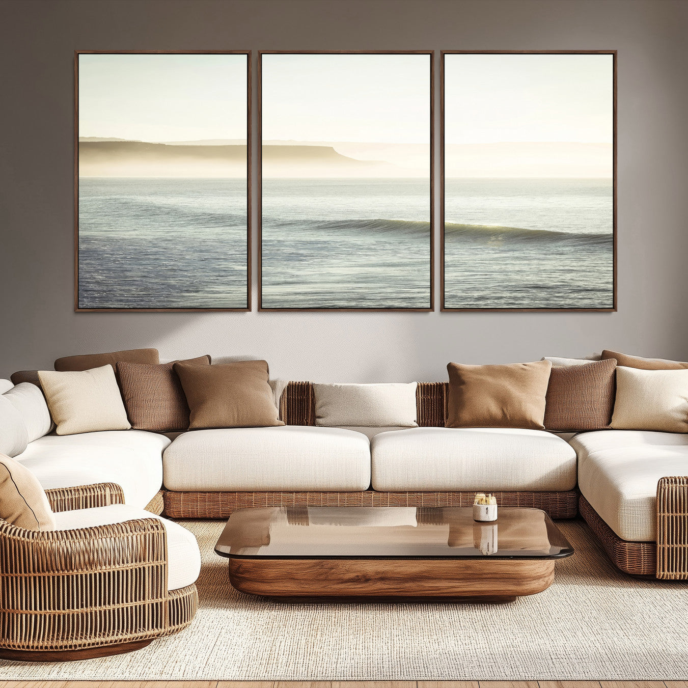 -Coastal Cliffs Wall Art Canvas Print, Framed Misty Ocean Art Picture Print, Soft Morning Perfect