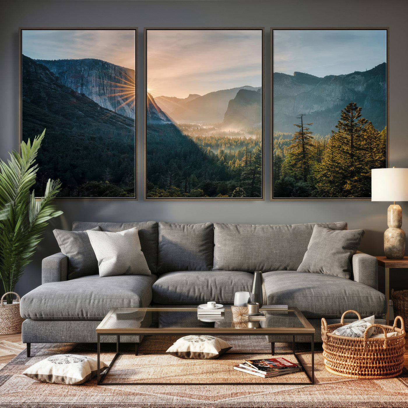 51605481-MGV-CV-36X24 - Yosemite Valley Wall Art – Misty Forest Peaks Canvas Print, Radiant Light, Tranquil Nature Landscape for Living Room or Cabin Decor