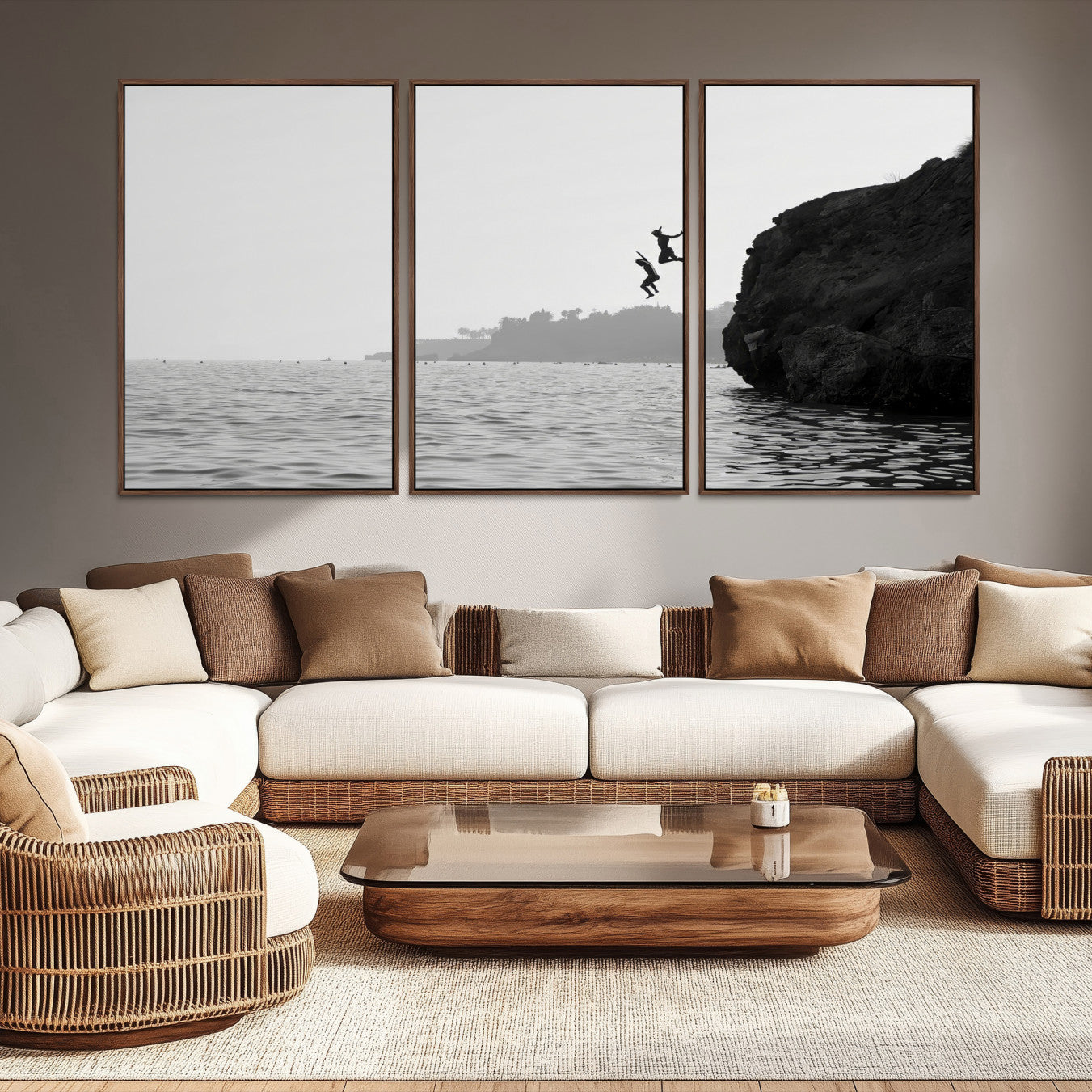 52284302-MGV-CV-36X24-Jumping Wall Art Canvas Print – Framed Coastal Ocean Scene Artwork for Relaxing Beach Home, Office Decor