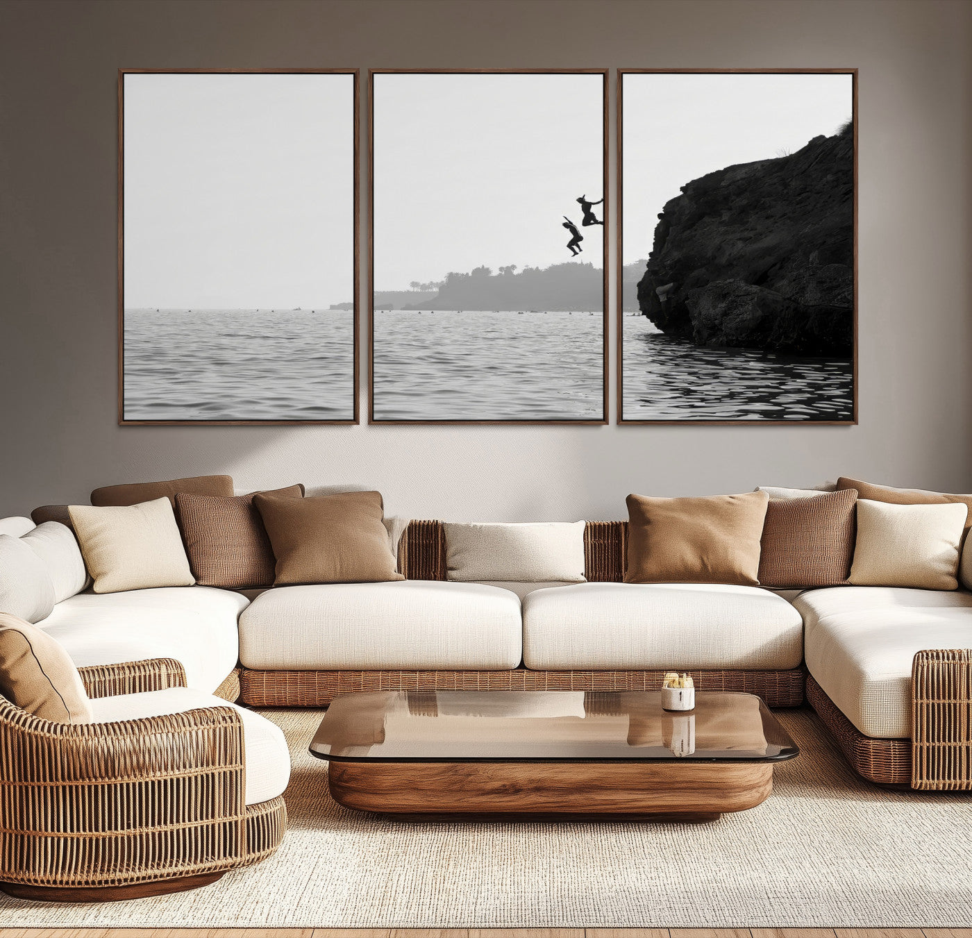 52284302-MGV-CV-36X24-Jumping Wall Art Canvas Print – Framed Coastal Ocean Scene Artwork for Relaxing Beach Home, Office Decor