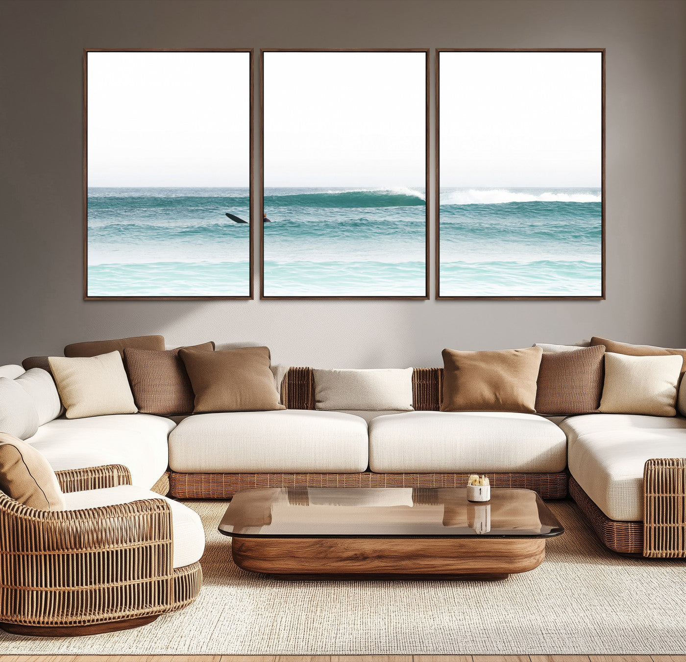 -Surfing Wall Art Canvas Print, Framed Ocean Art Picture Print, Waves Perfect Minimalist Decor for Living Room, Bedroom or Office