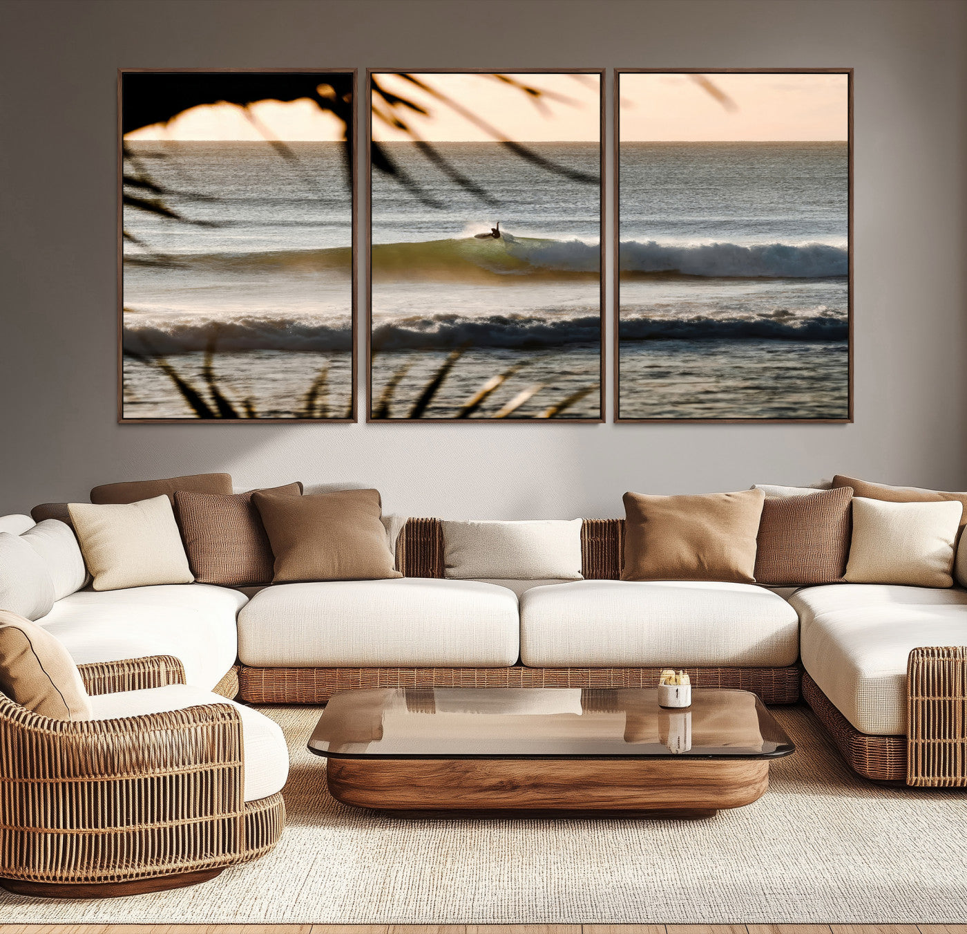 24896468-MGV-CV-36X24-Sunset Surf Wall Art Canvas Print – Framed Golden Hour Waves Scene Artwork for Boho Home, Office, Living Room Decor