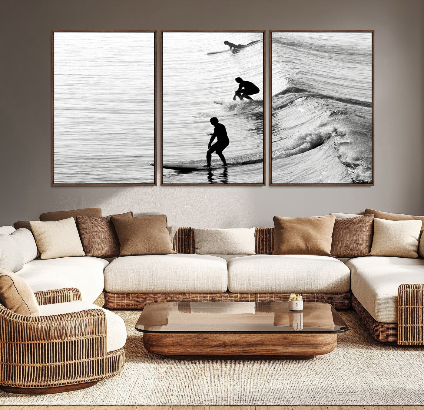 -Surfers on Waves Wall Art Canvas Print, Framed Black White Surf Art Picture Print, Monochrome Ocean