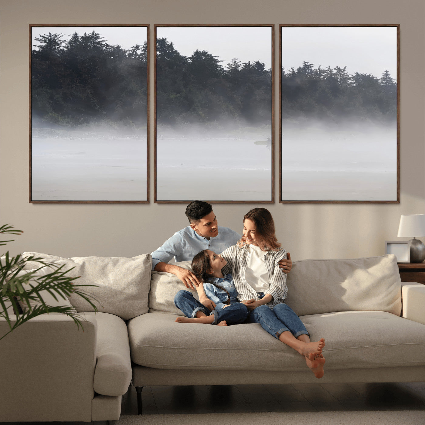 59703275-MGV-CV-36X24-Surfer Fog Wall Art Canvas Print – Framed Foggy Beach Scene with Coastal Surf Artwork for Home, Office, Living Room