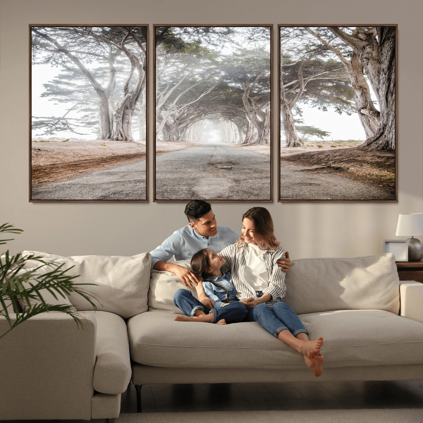 87090469-MGV-CV-36X24-Cypress Tunnel Wall Art – Framed Misty Road Canvas Artwork, Foggy Trees Design, Rustic Woodland Nature Decor for Home, Office