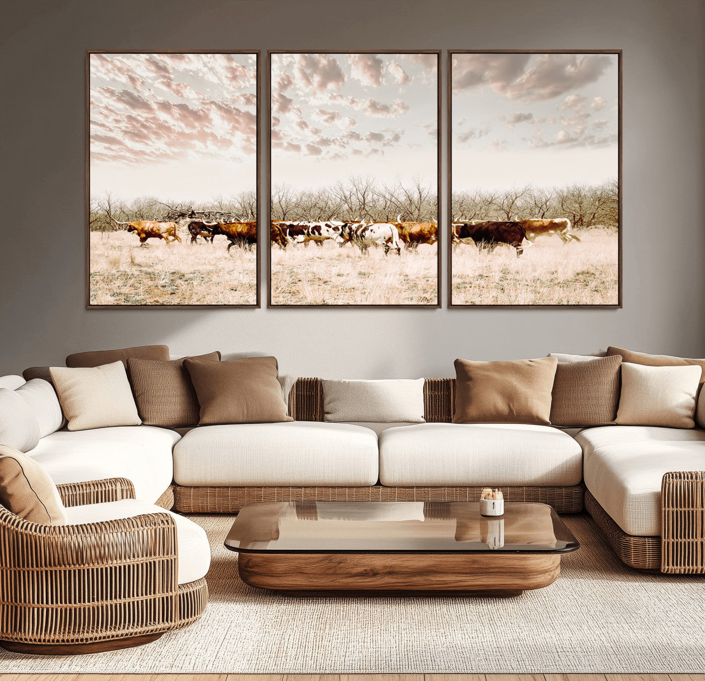 64892775-MGV-CV-36X24-Longhorn Cattle Wall Art Canvas Print – Framed Texas Ranch Scene with Western Cow Artwork for Home, Office