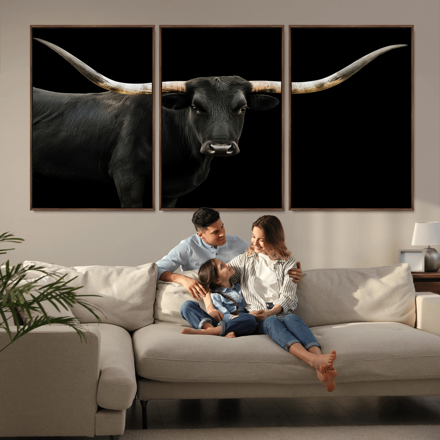 99448328-MGV-CV-36X24-Longhorn Cattle Wall Art Canvas Print – Framed Texas Ranch Scene with Western Cow Artwork for Home, Office, Living Room