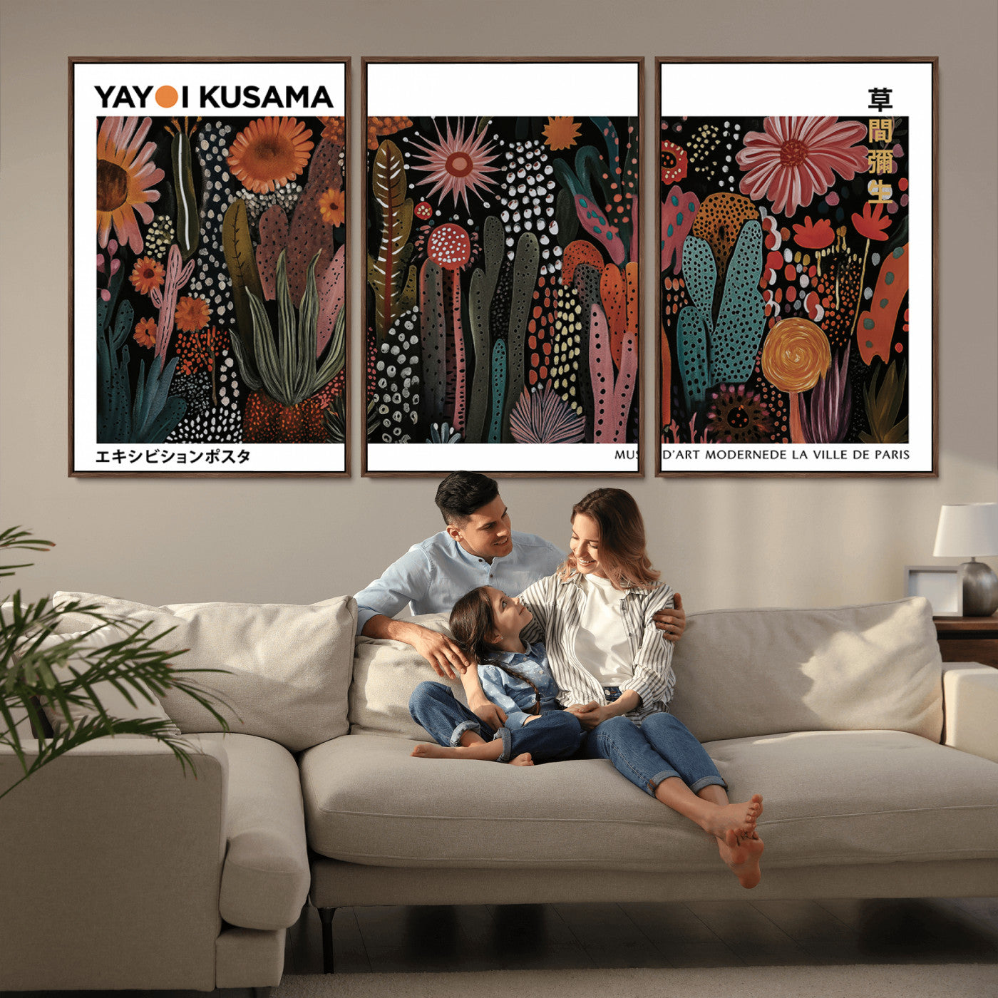 70632622-MGV-CV-36X24-Modern Japanese Wall Art Canvas Print – Framed Abstract Mount Fuji Scene with Yayoi Kusama Artwork for Home, Office