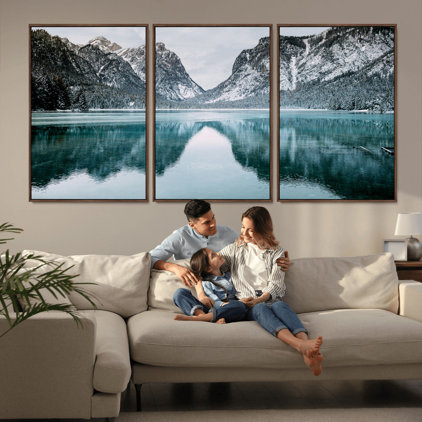 73098373-MGV-CV-36X24-Mountain Lake Wall Art Canvas Print – Framed Snowy Peaks Wonderland Nature Scene Artwork for Home Office