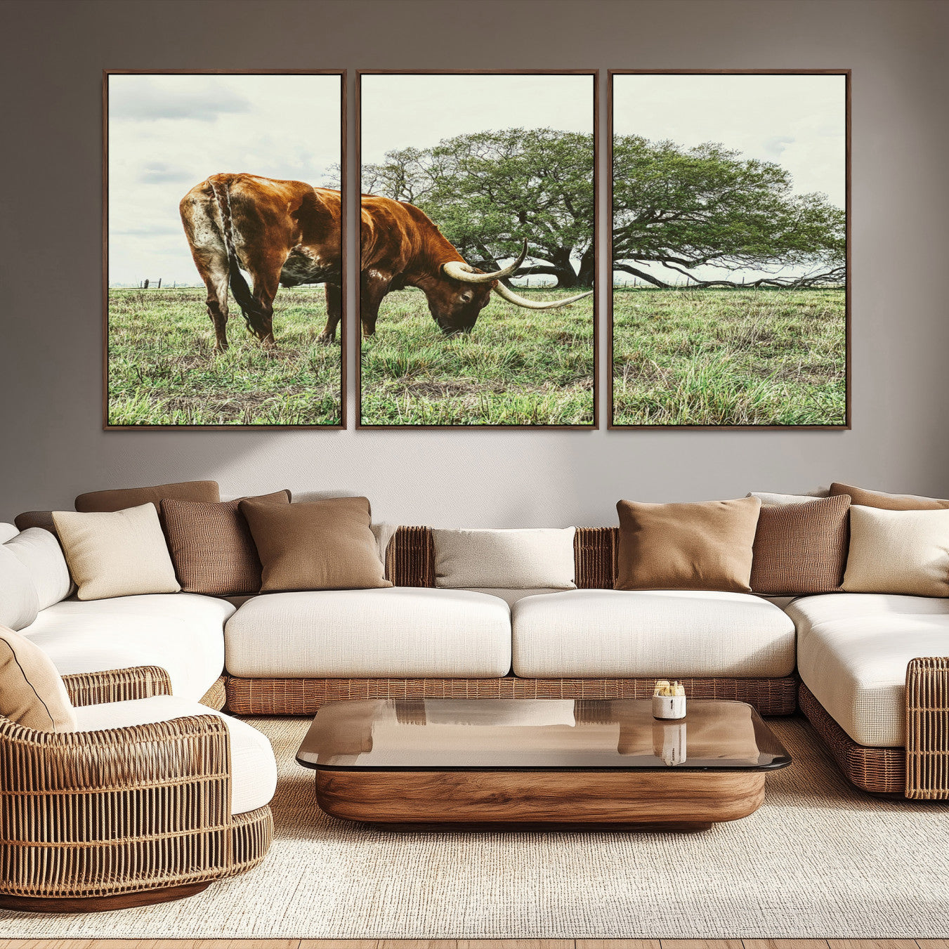 -Texas Longhorn Wall Art Canvas Print – Rustic Western Ranch Scene Cattle Country Farmhouse Artwork for Home Office