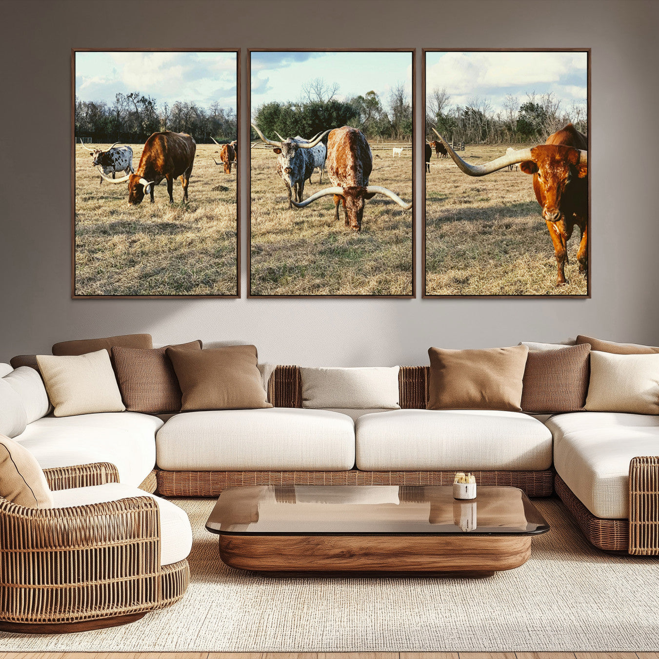 -Texas Longhorns Wall Art Canvas Print – Rustic Western Farm Scene Cattle Country Landscape Artwork for Home Office