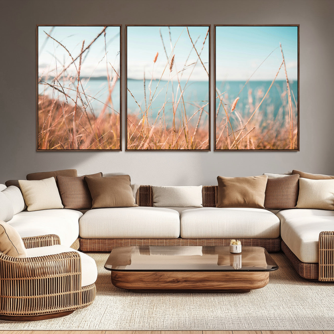 36108696-MGV-CV-36X24-Coastal Grass Landscape Wall Art Canvas Print – Golden Shoreline Nature Scene Serene Ocean View Artwork for Home Office