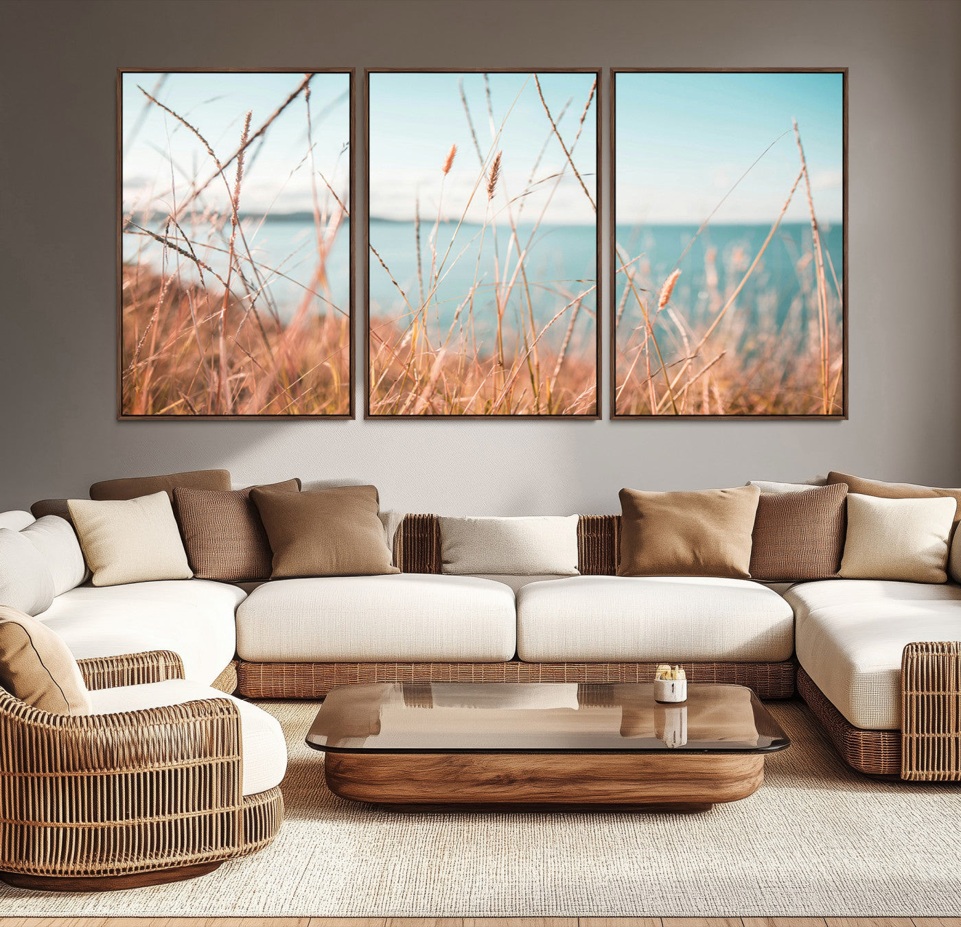36108696-MGV-CV-36X24-Coastal Grass Landscape Wall Art Canvas Print – Golden Shoreline Nature Scene Serene Ocean View Artwork for Home Office