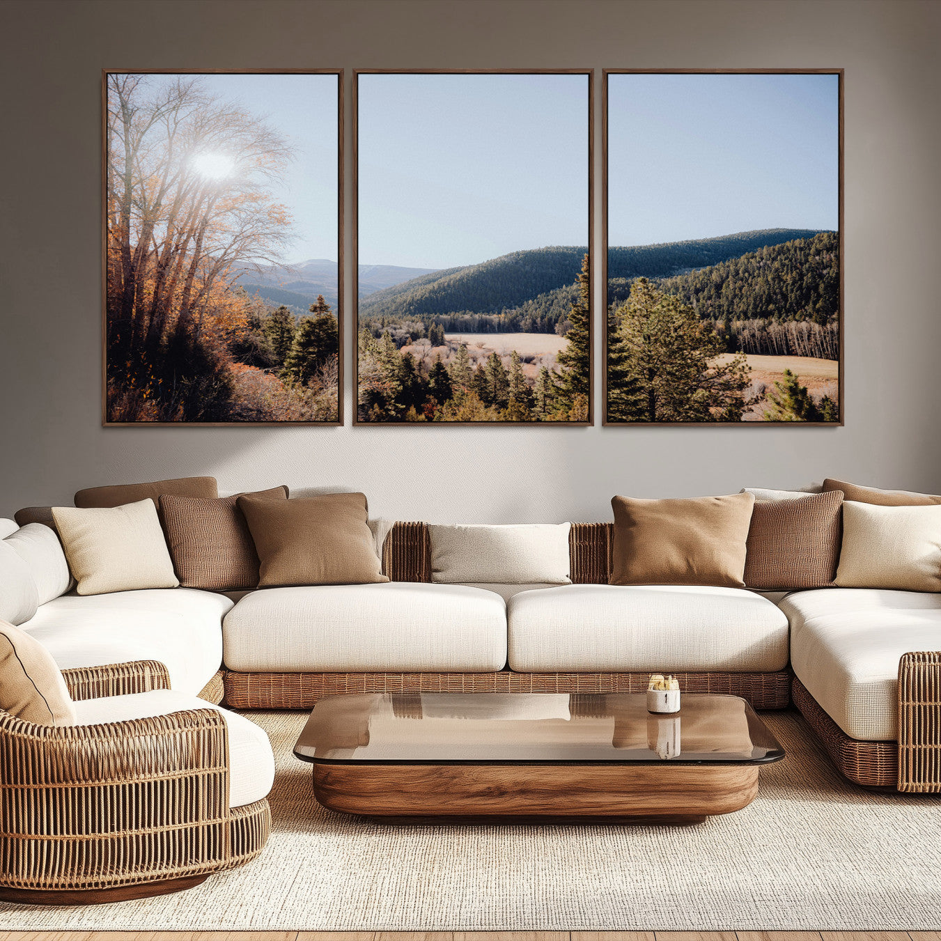 -Rustic Landscape Wall Art Canvas Print – Serene Valley Scene Pine Tree Horizon Nature Artwork for Home Office