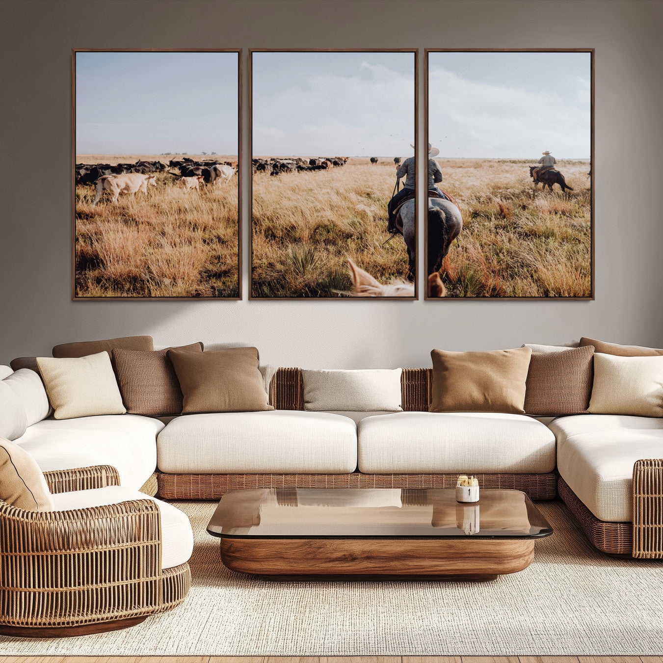 -Western Wall Art Canvas Print – Framed Cowboy Cattle Drive Scene Rustic Ranch Landscape Artwork for Home Office