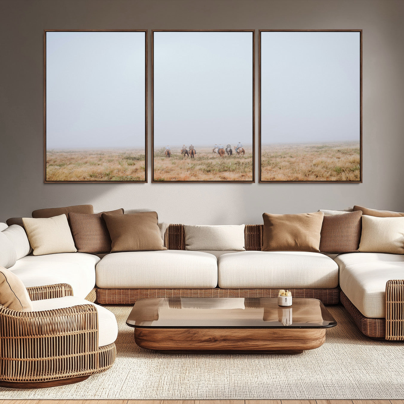 14761944-MGV-CV-36X24-Foggy Plains Wall Art Canvas Print – Framed Horseback Riders Rustic Western Landscape Scene Artwork for Home Office