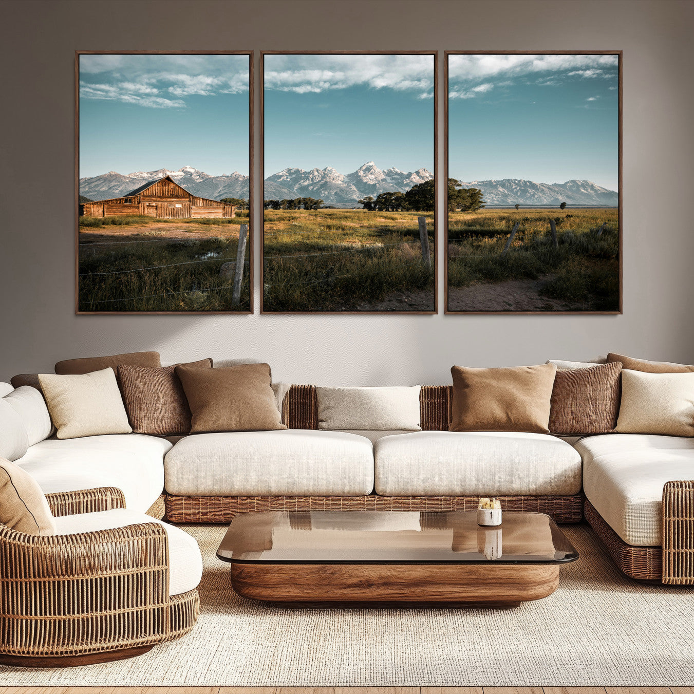-Rustic Farmhouse Wall Art Canvas Print – Framed Mountain Cabin Western Landscape Scene Artwork for Home Office