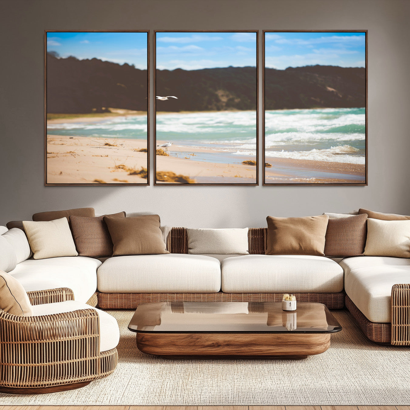 -Tranquil Beach Scene Wall Art Canvas Print – Framed Blue Ocean Waves Sandy Shore Coastal Nature Artwork for Home Office