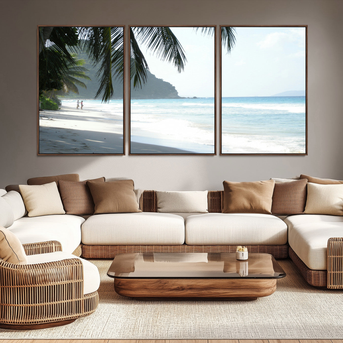 -Tropical Beach Wall Art Canvas Print – Framed Serene Ocean Scene Palm Tree Shadows Coastal Nature Artwork for Home Office