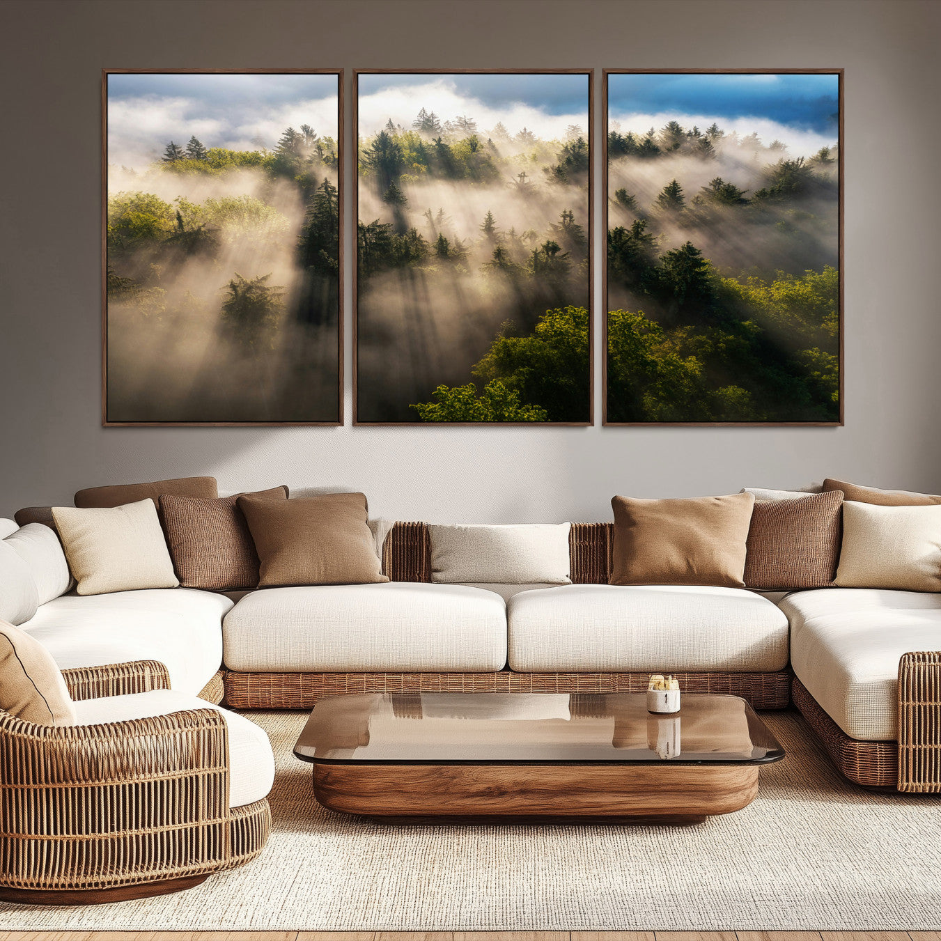 -Tranquil Forest Scene Wall Art Canvas Print – Framed Moody Sunbeam Through Trees Nature Artwork for Home Office