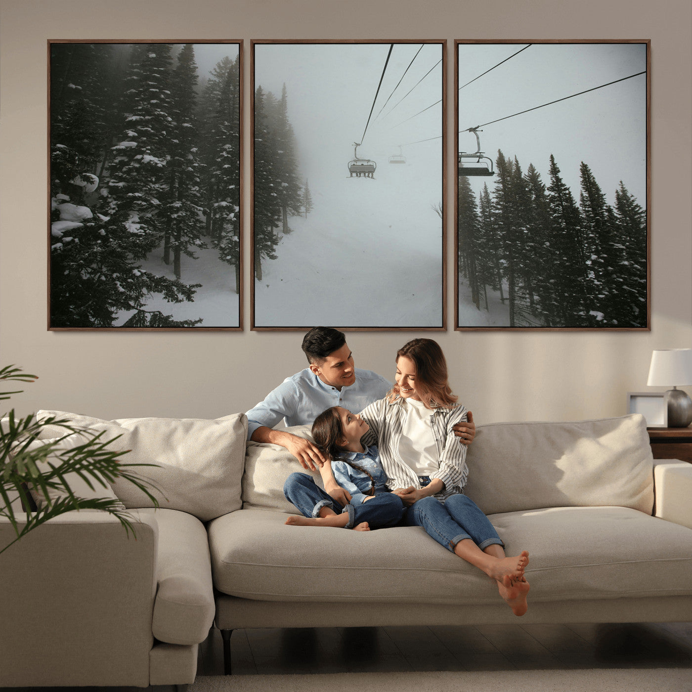 87018452-MGV-CV-36X24-Ski Lift Wall Art Canvas Print – Snowy Pines Misty Landscape Winter Serenity Artwork for Home, Office Decor