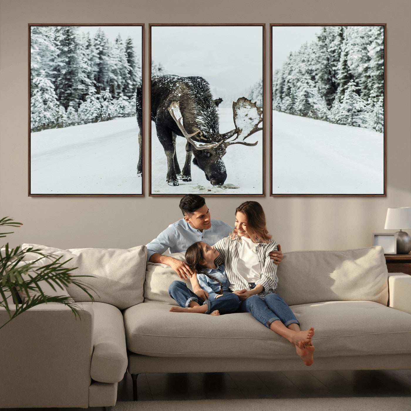 -Moose Snow Wall Art Canvas Print – Framed Winter Wildlife Snowy Forest Nature Scene Artwork for Home, Office, Living Room
