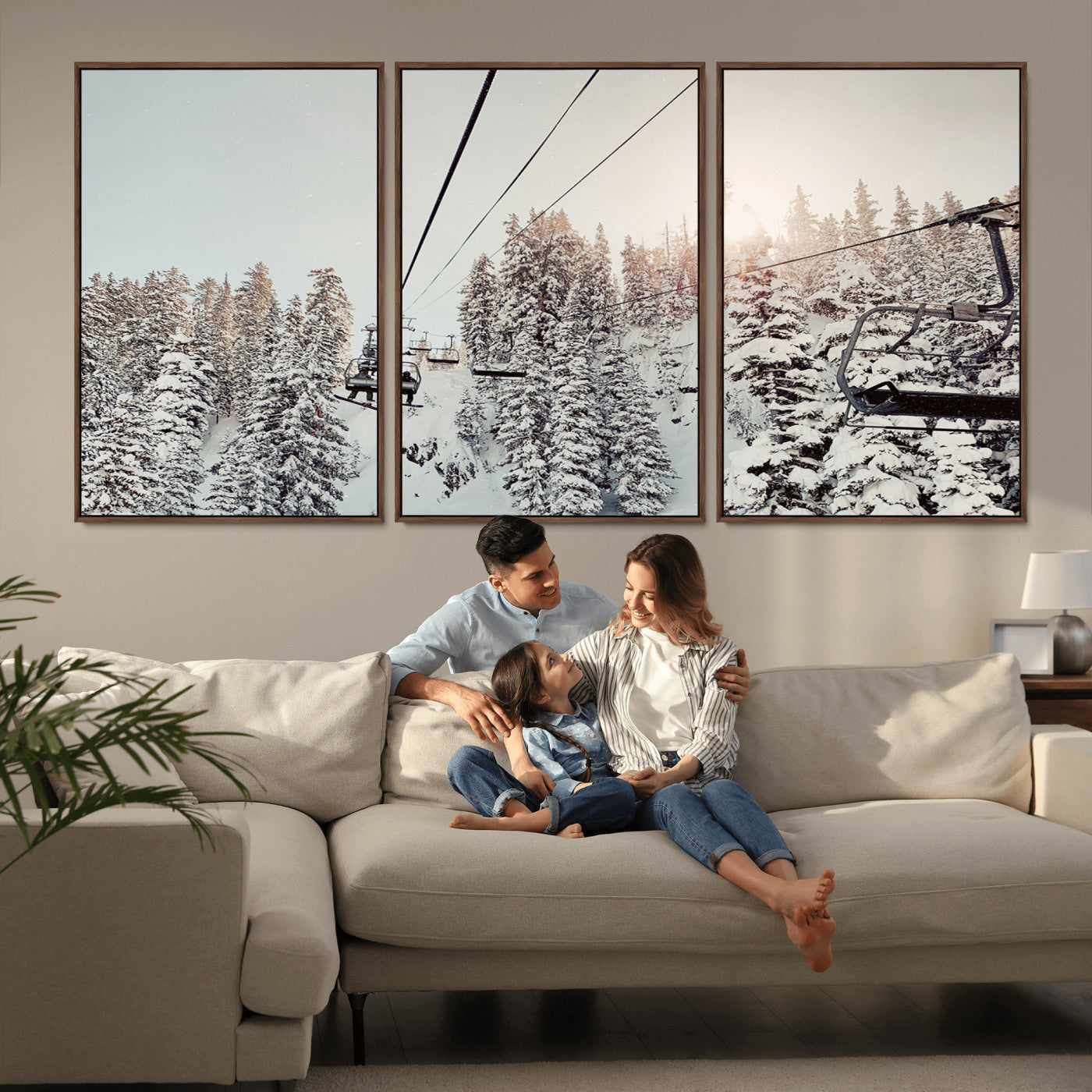 91534512-MGV-CV-36X24-Frosty Pines Wall Art Canvas Print – Framed Cozy Cabin Ski Lift Ride Winter Scene Artwork for Home Office
